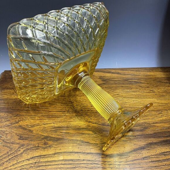 LE Smith Footed Trellis Square Compote Bowl Vase Weave Yellow Glass LARGE‎ 8.5"H - Picture 3 of 14